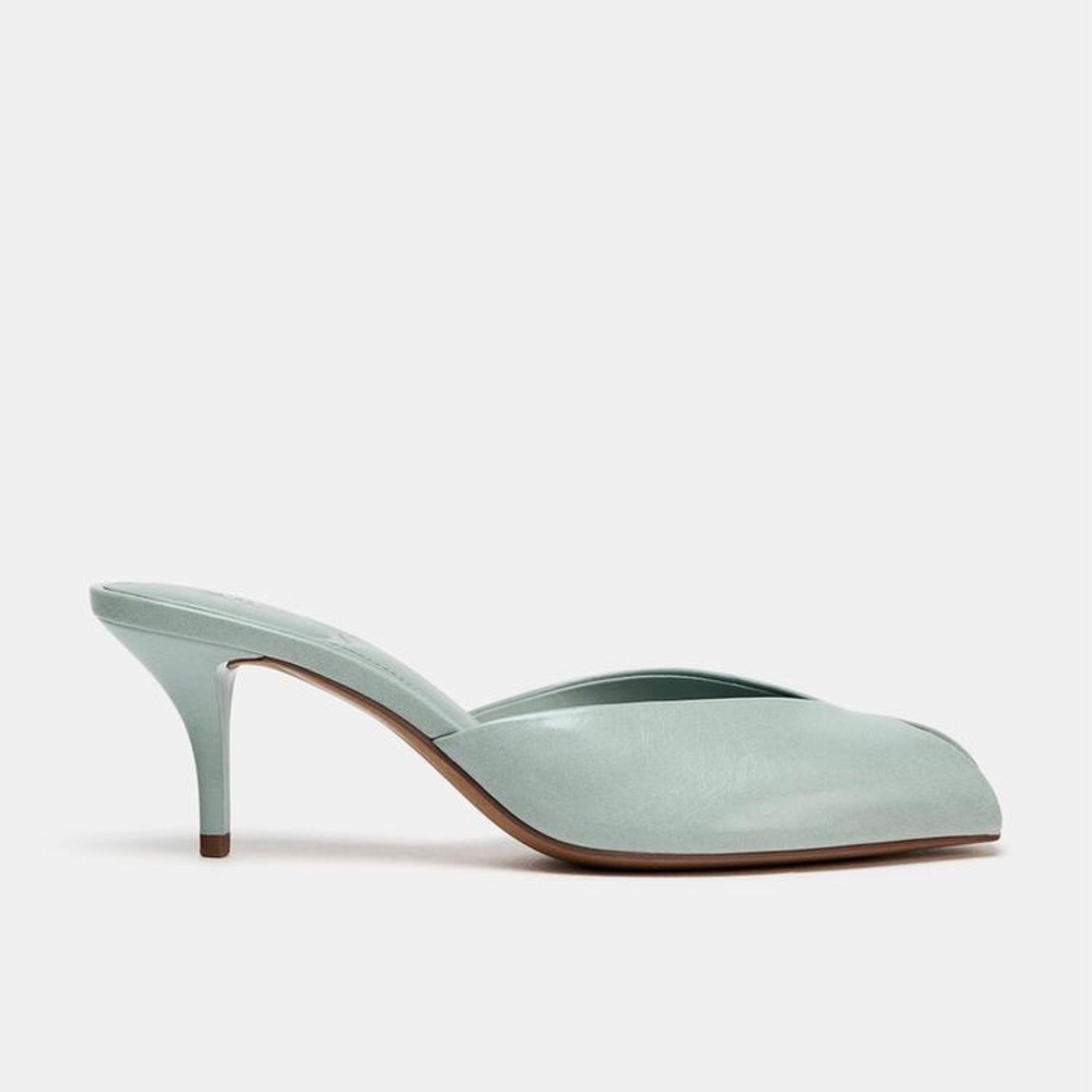 $60 Zara Dusty Blue Faux Patent Leather Peep Toe Heels Sandals Mules Size 8.5 - Picture 2 of 13